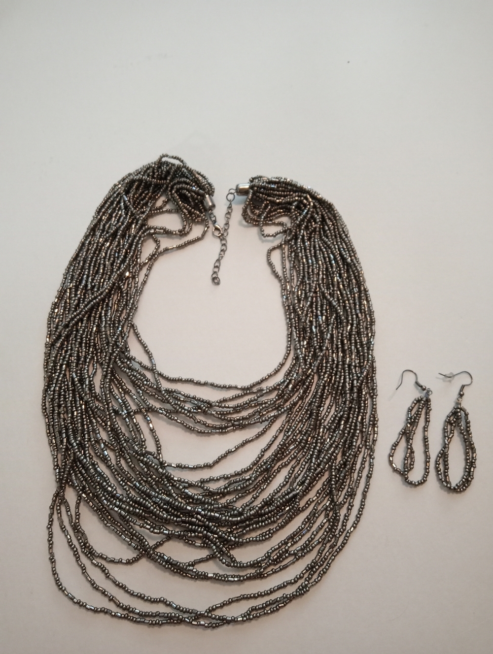 #1164. Silver Toned, Glass Seed Bead, Multi Strand Necklace & Earring Set